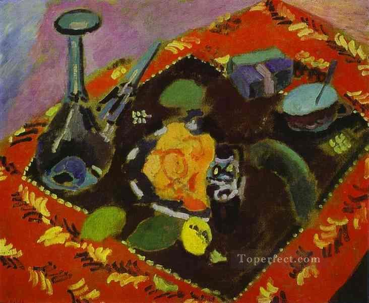 Dishes and Fruit on a Red and Black Carpet 1906 Fauvist Oil Paintings